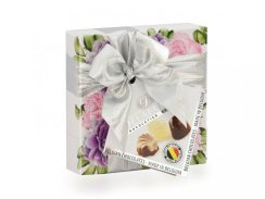 Belgické plněné pralinky 50g - Růžovofialové květy se stříbrnou mašlí