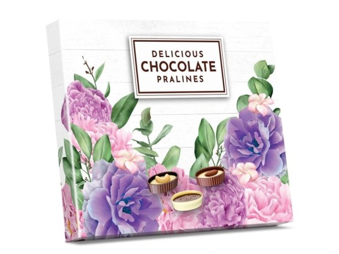 Plněné čokoládové lodičky - Růžovofialové květy 125g