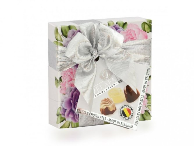 Belgické plněné pralinky 50g - Růžovofialové květy se stříbrnou mašlí
